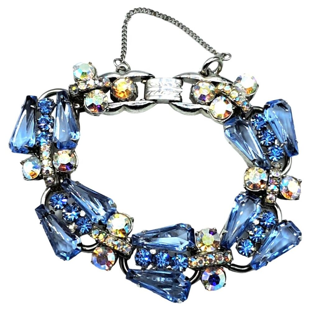 Juliana Pentagon Rhinestone Bracelet Blue Aurora Borealis Vintage Costume Jewelr